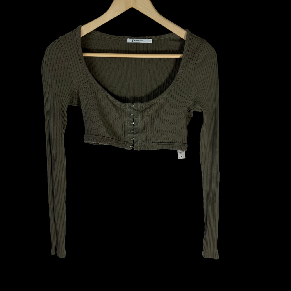 T Alexander Wang Olive Green Ribbed Long Sleeve Crop‎ Top Sz L